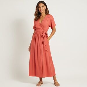 Coral Midi Wrap Dress